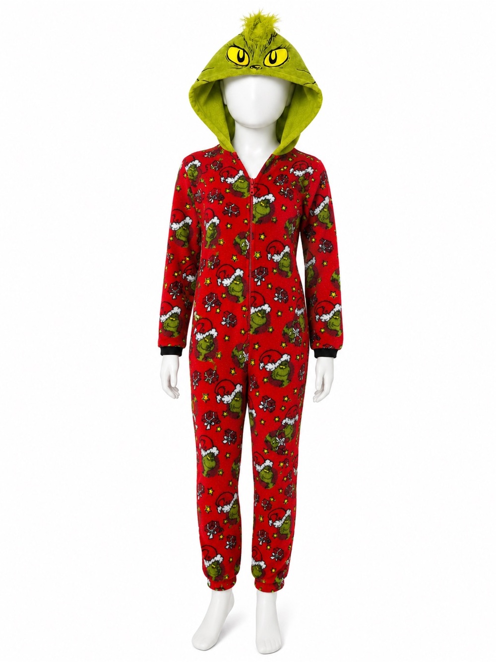 Women Red Grinch-Print Hooded Onesie
